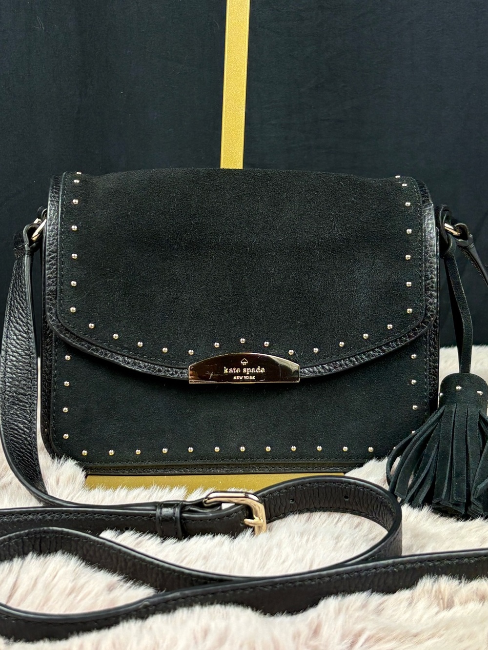 Kate Spade West Street Kenway Black Suede & Leather Studded Crossbody Bag